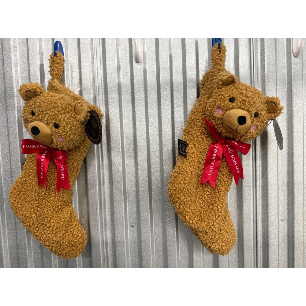 FAO Schwarz Teddy Bear Christmas Stocking Brown Sherpa Plush Red Bow NWT